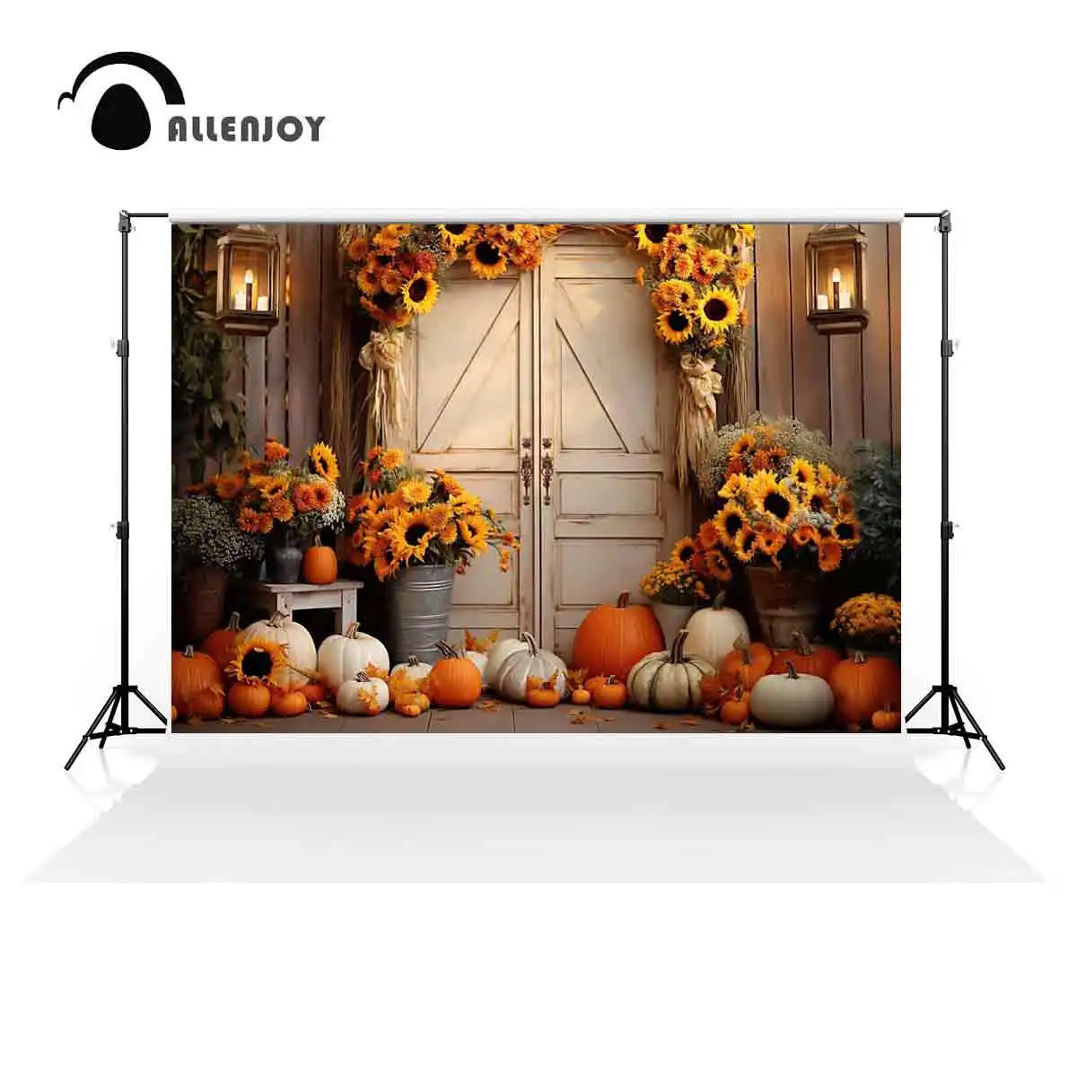 Allenjoy Autumn Sunflower Pumpkin Barn Door Backdrop