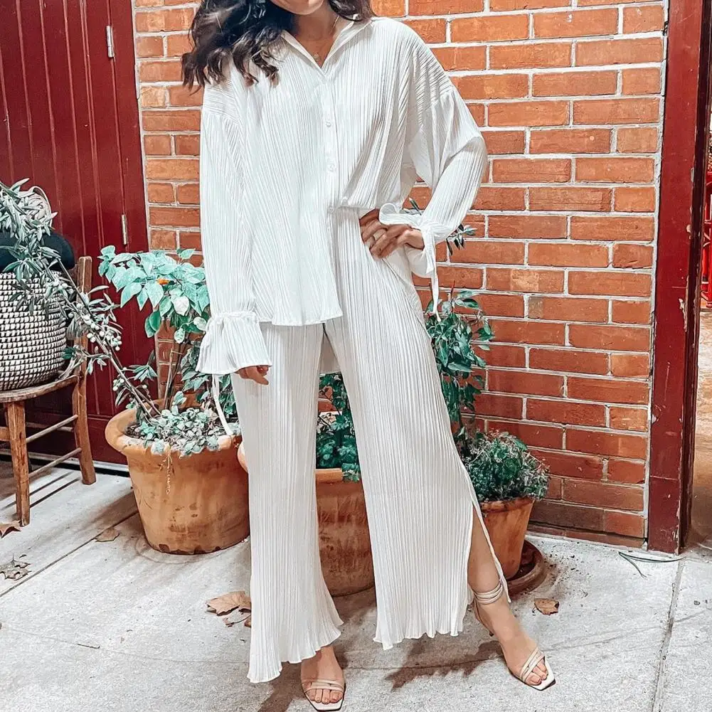 Women Pleated Two-piece Set Elegant Women's Pleated Shirt Pants Set with Single-breasted Blouse Wide Leg Trousers for Casual