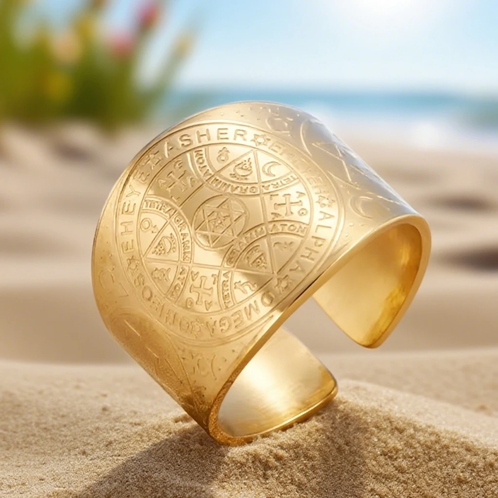 Dawapara Enochian Magic Angel Ring Solomon Kabbalah Protection Amulet Stainless Steel Hexagram Triangle Religious Jewelry