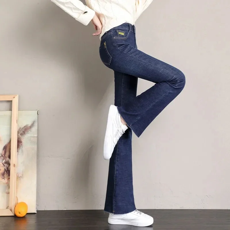 Vintage Plush Lined Flare Jeans Winter Warm Casual Skinny Vaqueros Thicken Stretch Denim Pants High Waist Women\'s Bell-bottoms