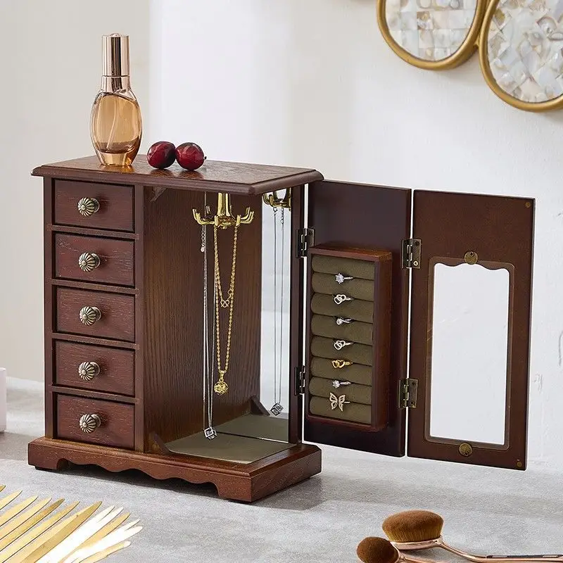 

Jewelry storage box Large capacity multi-layer drawer necklace Jewelry hand jewelry box Retro high-end grade solid wood pattern