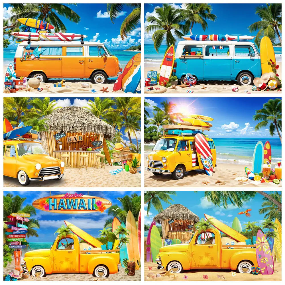 

Summer Hawaii Beach Car Photography Backdrop Blue Sky Palm Tree Surfboard Kids Birthday Holiday Party Background Decor Photozone