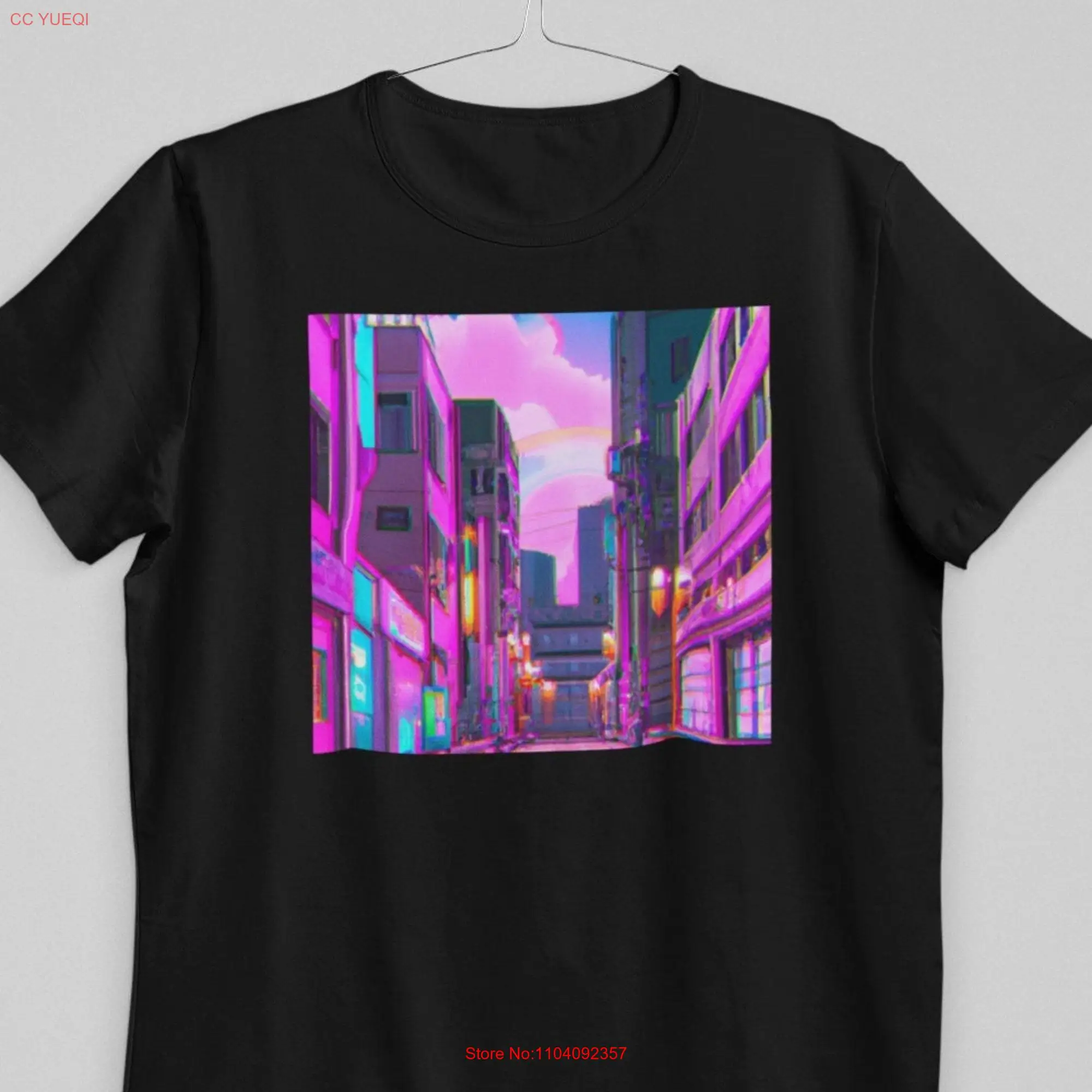 Vaporwave Tokyo City Street Night Pink Lights Cotton T shirt Top   long or short sleeves