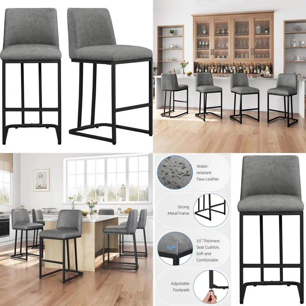 Moderne, met leer beklede, 24 inch barkrukken op tegenhoogte, set van 2, met rugleuning voor keukeneetkamer