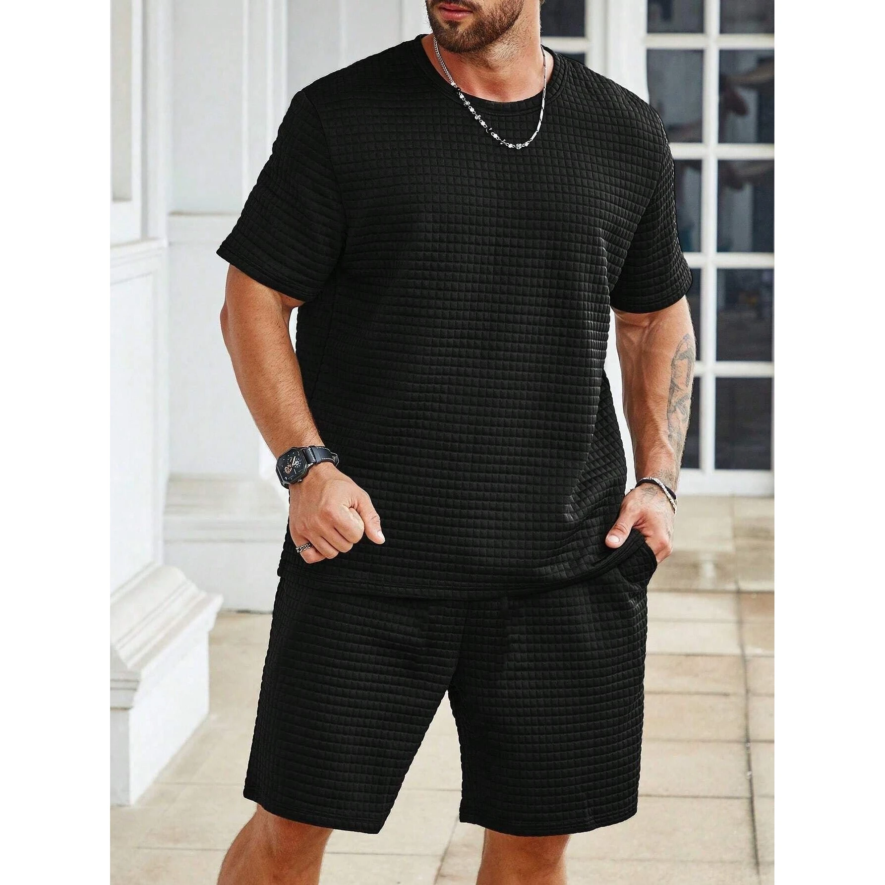 

Новое поступление, мужская спортивная одежда Faion, повседневная полосатая свободная круглая футболка Ne ort Sve orts, летняя футболка 2024, Sle