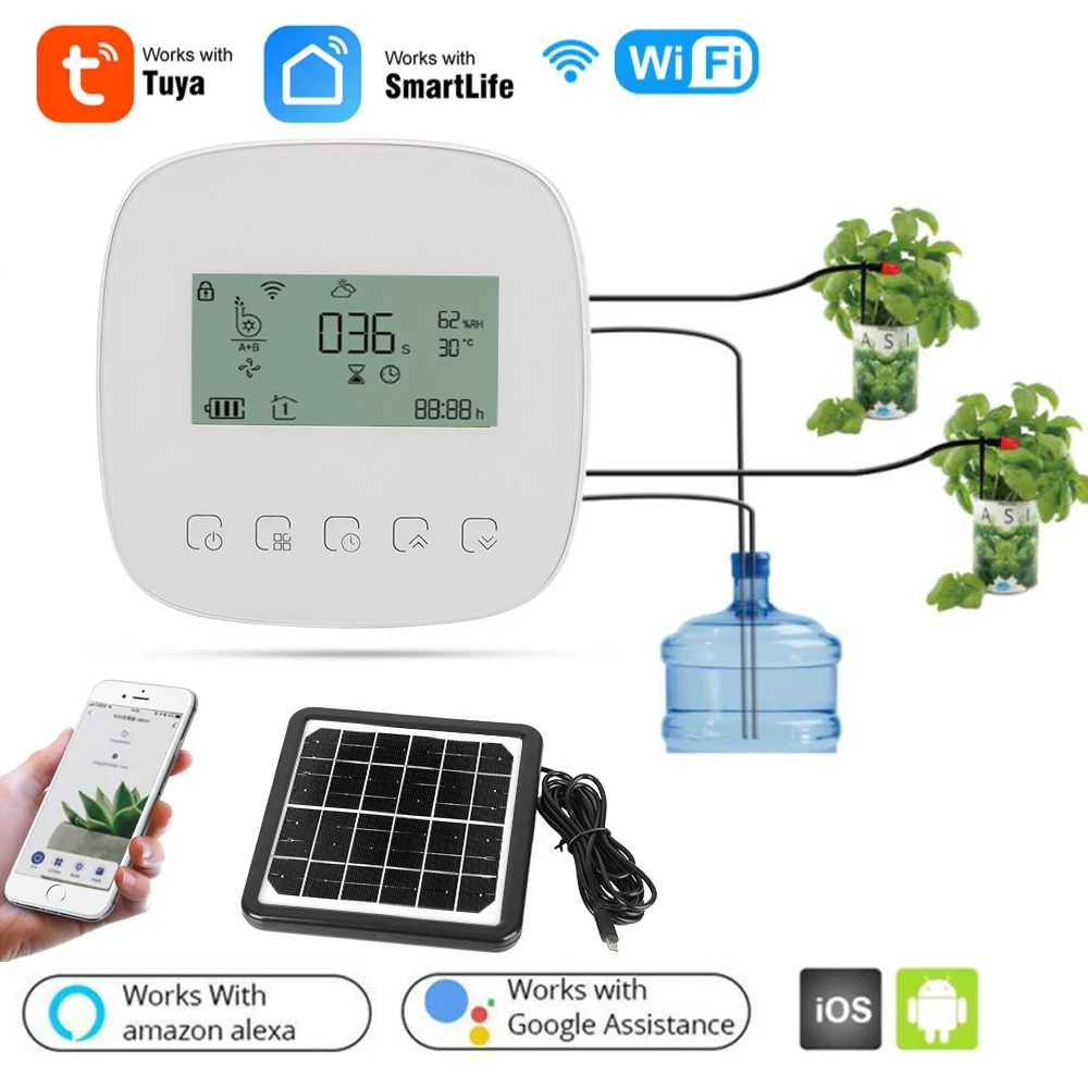 Digital Watering Irrigation Timer WiFi Tuya Micro-drip Irrigation Controller with Solar Panel Intelligent Automatic Water Timer