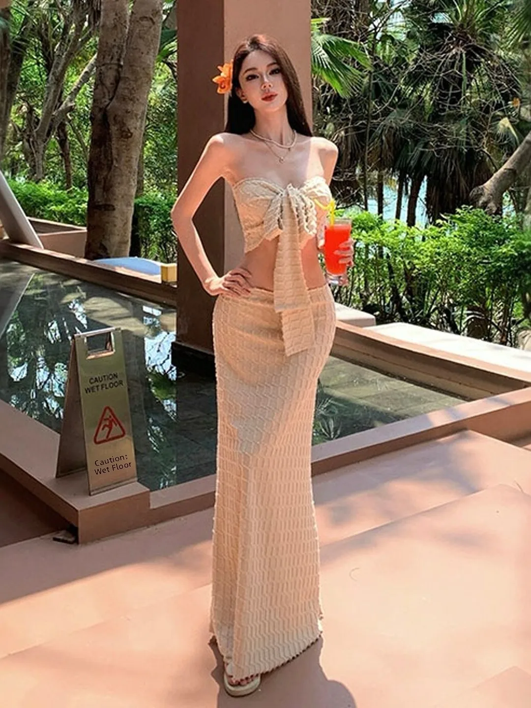 

Sexy Halter Top And High Waist Skirt Two Piece Set Beach Vacation Style Comfortable Cotton Short Sleeve T-Shirt Casual Wear