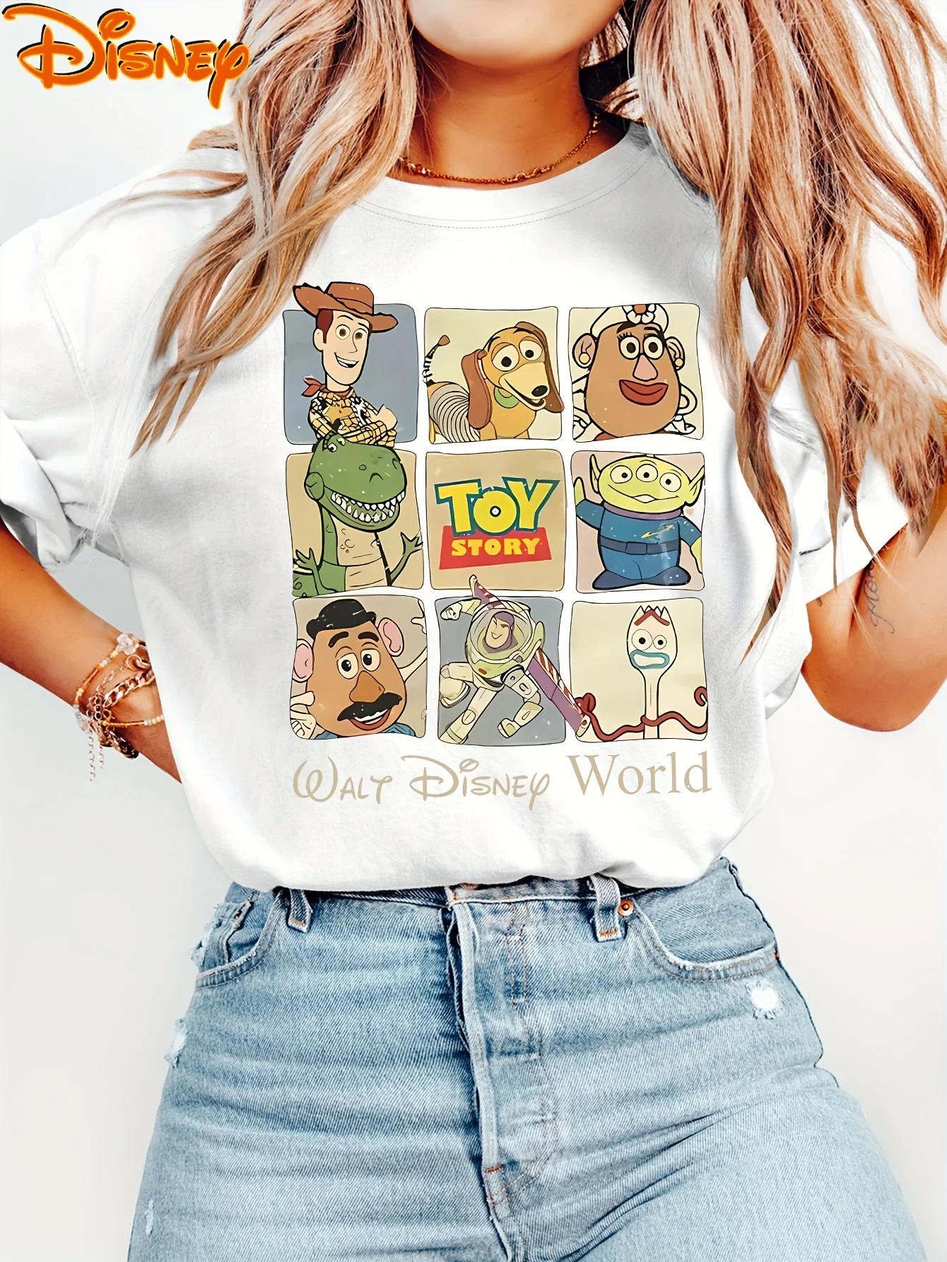 

Women's Disney Toy Story Three Eyes Mr. Fork Spring Dog Series Printed Round Neck Summer T-Shirt Disney Casual Retro Style Top