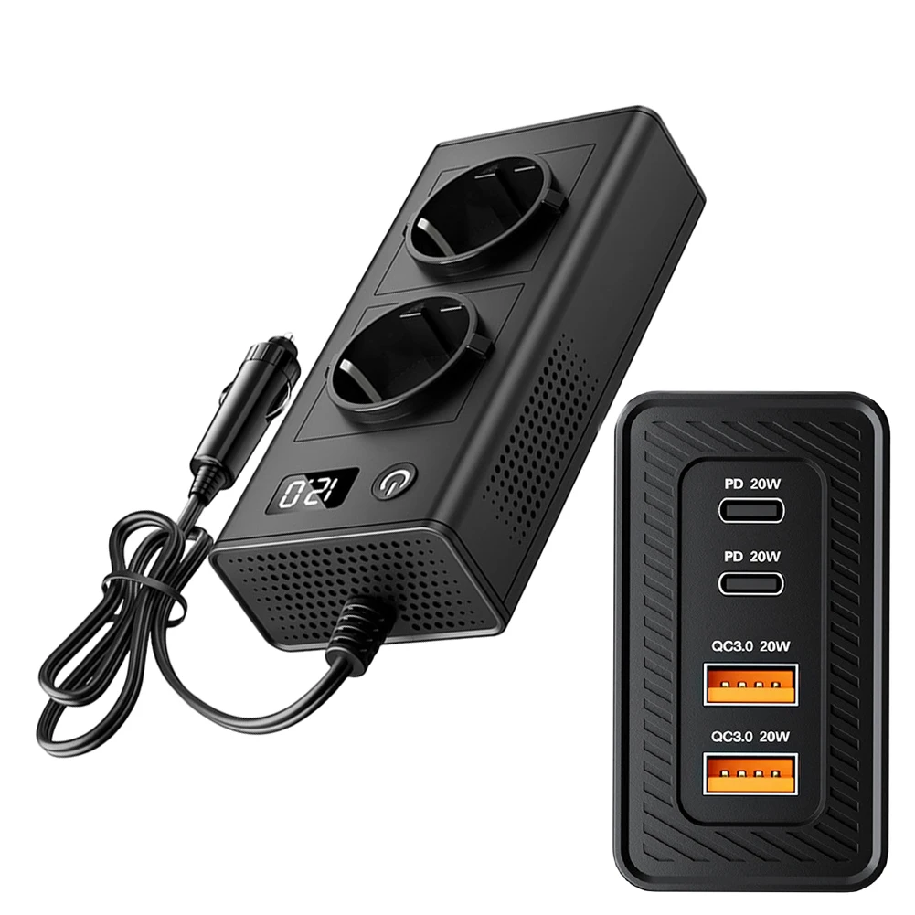 DC12V to AC220V 200W Portable Car Inverter with Digital Display Showing Voltage and Load plus USB Charging Ports