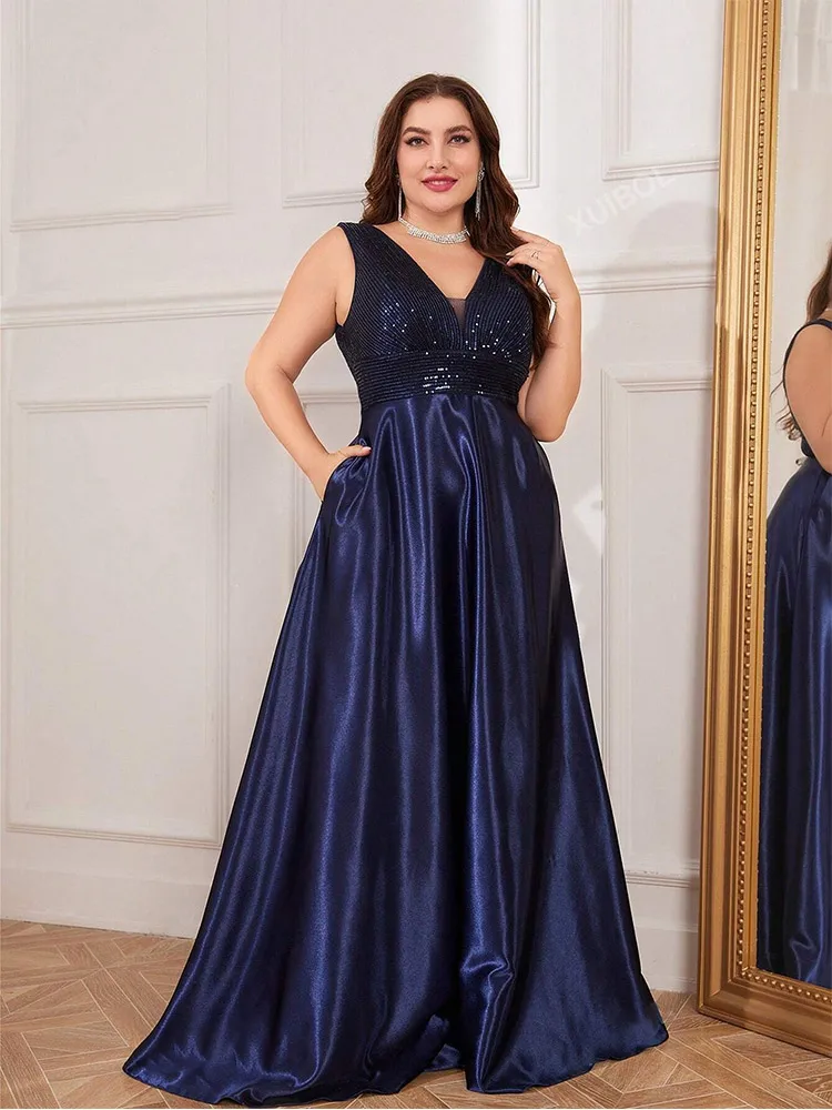 Plus Size V-neck Apricot Sleeveless Satin Luxurious Floor-length Evening Dress Big Size Sequins Sparkling Prom Gown for Women