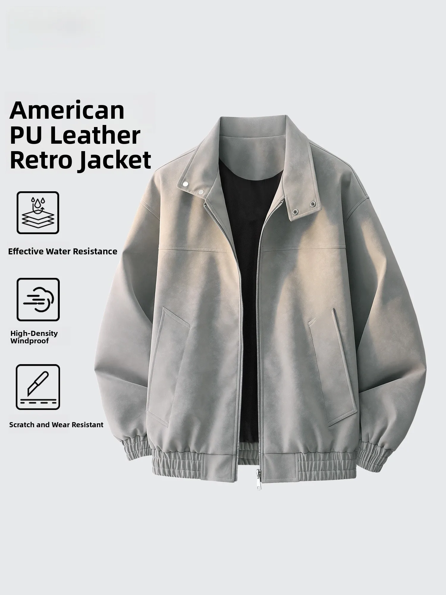 

Warrior American Sle PU Leather Jaet Men's Loose Fit Trendy Vintage Stand Collar Outerwear Casual Windproof Long Sve