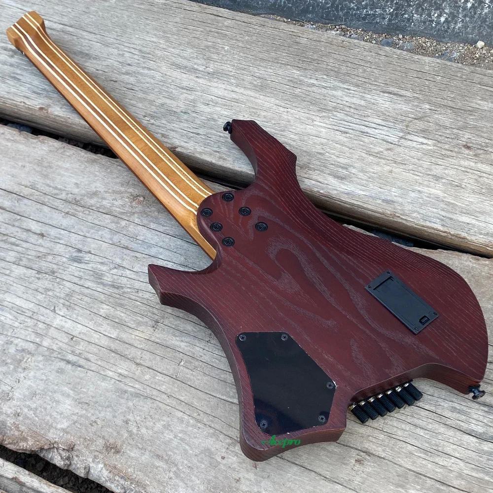 7 String Headless Electric Guitar Brown Ash Body 9 Piece Roasted Maple Neck Fanned Frets Active Pickups Guitarra