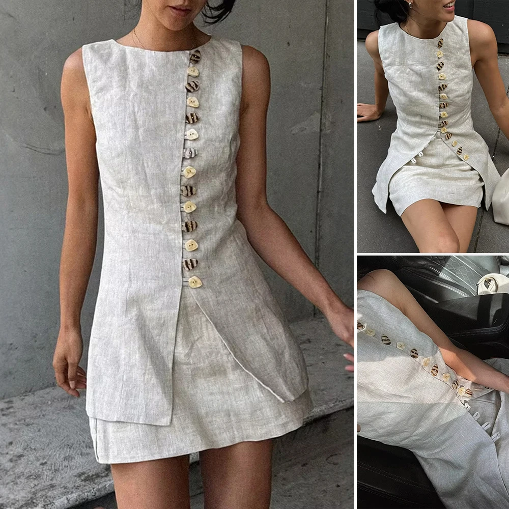 

Mia Muse Boutique, однотонные майки без рукавов с круглым вырезом на пуговицах, мини-юбки трапециевидной формы, рабочие комплекты, женские комплекты, лето 2021, повседневные