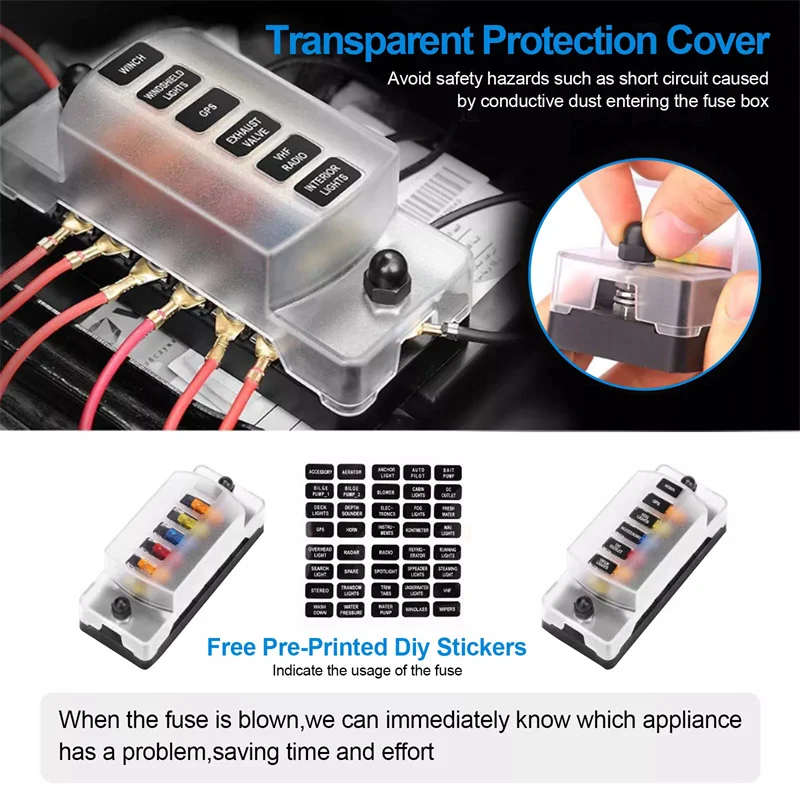 6-Way Car Fuse Holder with Negative Busbar – 12V ATC/ATO Blade Fuse Box, Waterproof Cover & Label Sticker Included