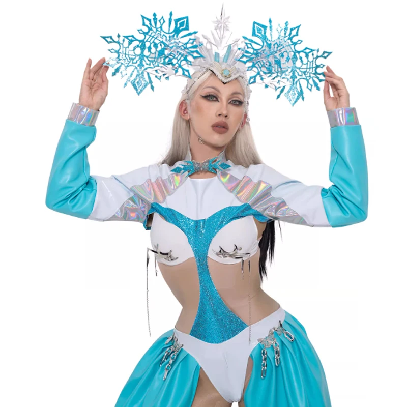 Ice Queen Gogo เต้นรําเสื้อผ้านักร้องนักเต้น Stage เครื่องแต่งกาย Clubwear เงาสิทธิบัตรหนัง Jumpsuit แฟชั่นชุดปาร์ตี้