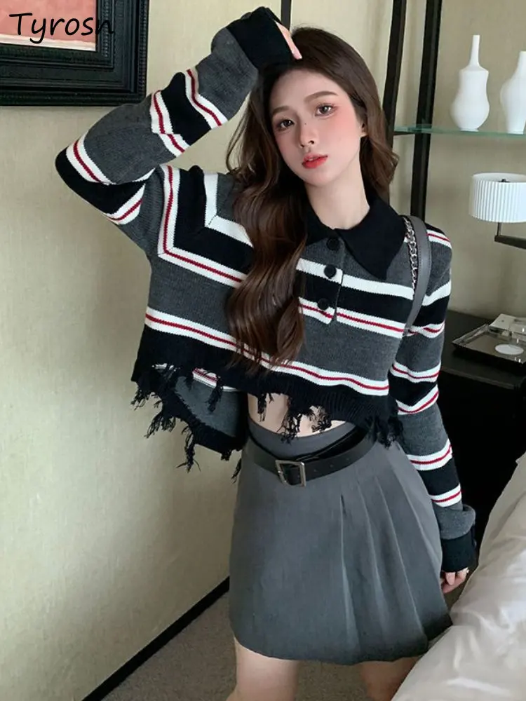 

Striped Pullovers Women Retro Tassel Design Personality Crop Casual Streetwear All-match Trendy Ulzzang Hot Girls Sweater Autumn