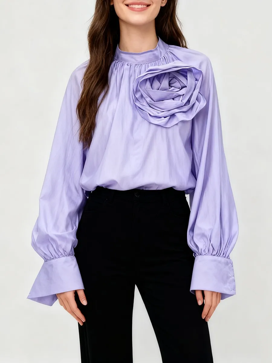TWOTWINSTYLE Solid Spliced 3D Flower Basics Camicette per le donne Stand Neck Maniche lunghe Patchwork Shirring Camicetta casual Donna