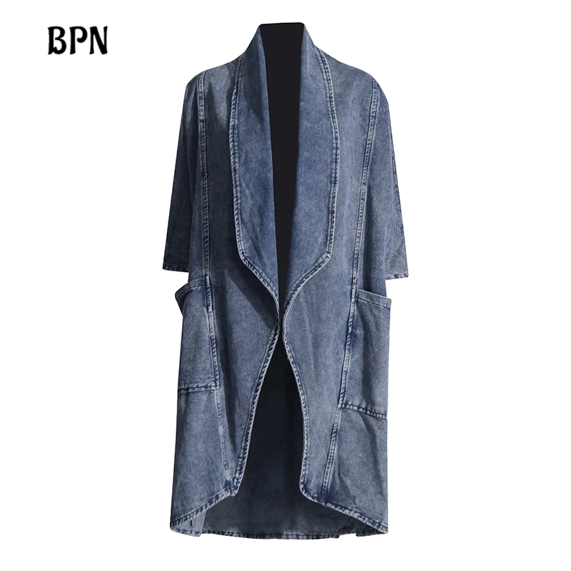 

BPN Solid Minimalist Denim Windbreaker Lapel Collar Short Sleeve High Waist Loose Casual Chic Trench Female Fashion Style New