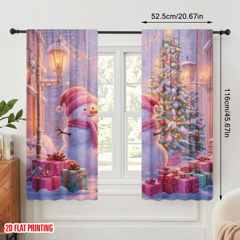 2pcs,2D plane printing Curtains Roller Blinds Cute Snowmen Christmas Tree Gifts Versatile Durable Polyester (without rod)
