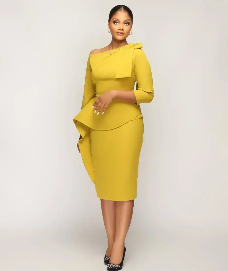 

KEXU Off Shoulder Elegant Work to Wear Pencil Dress Women Sexy Party Club Ruffles Peplum Office Lady Business Bodycon Midi Dress