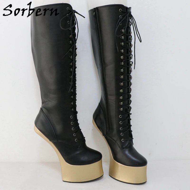 Sorbern Sexy Knee High Boots Without Heels Woman Visible Platform Lace Up Round Toe Woman Shoes Zipper Fetish BDSM Boot