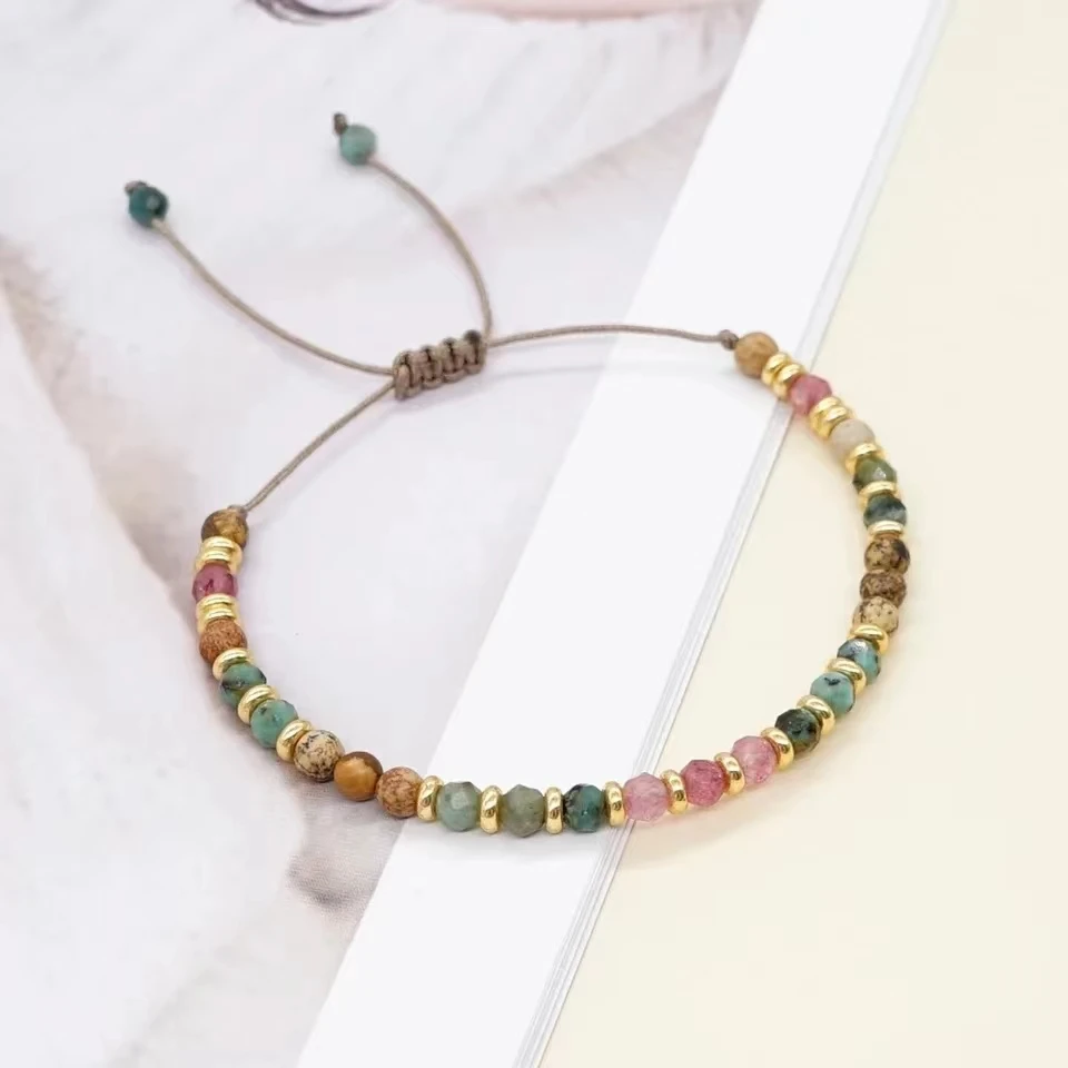 Multi-Colored Semi-Precious Stone Adjustable Rope Bracelet