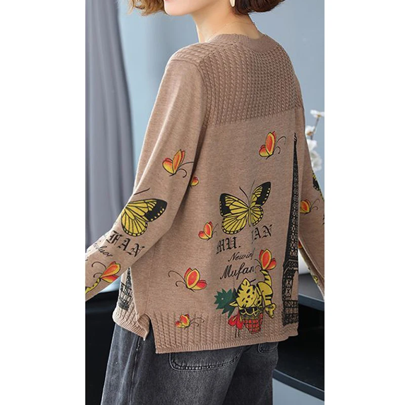 Women Korean Fashion Butterfly Print Vintage Basic Knitted Sweater Autumn Casual O Neck Long Sleeve Loose Pullover Tops Jumpers