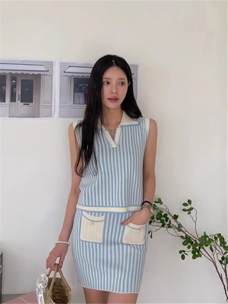 Colorfaith WS9930DG 2024 Elegant Knitted Striped Sets 2 Pieces Korean Fashion Tops With Mini Skirts Spring Summer Women Suits