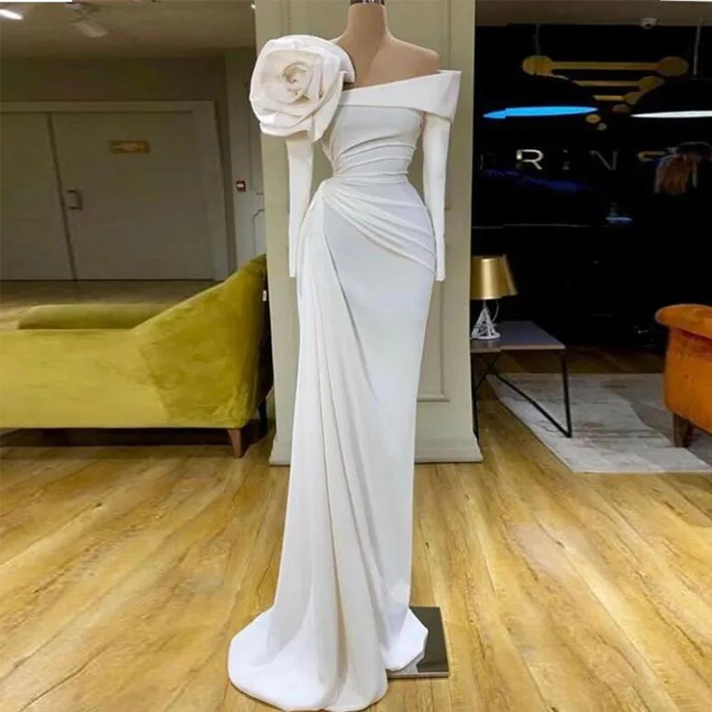 Abito da ballo bianco Robe De Soiree Abiti da sera Fiore Vestido De Festa Guaina Abiye Abito formale Maniche lunghe Realizzato su misura