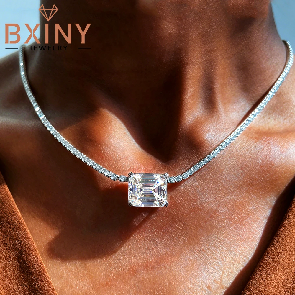 

BXINY Luxury 8CT Emerald Cut Moissanite Pendant Tennis Choker Necklace 925 Sterling Silver for Women NeckChain Fine Jewelry Gift