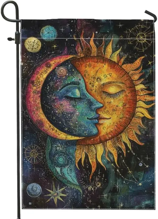 Celestial Sun and Moon Garden Flag, Vibrant Cosmic Home Decor Yard Flags, Double Sided Artsy Style Outdoor Lawn Decoration,  UUN