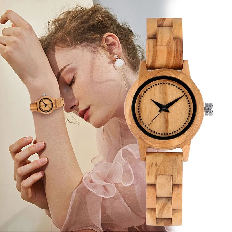 Women Beech Wood Quartz Watch Wooden Case Strap Band Orologio Simple Vintage Small Dial Clock Ladies Sandalwood Reloj Wristwatch