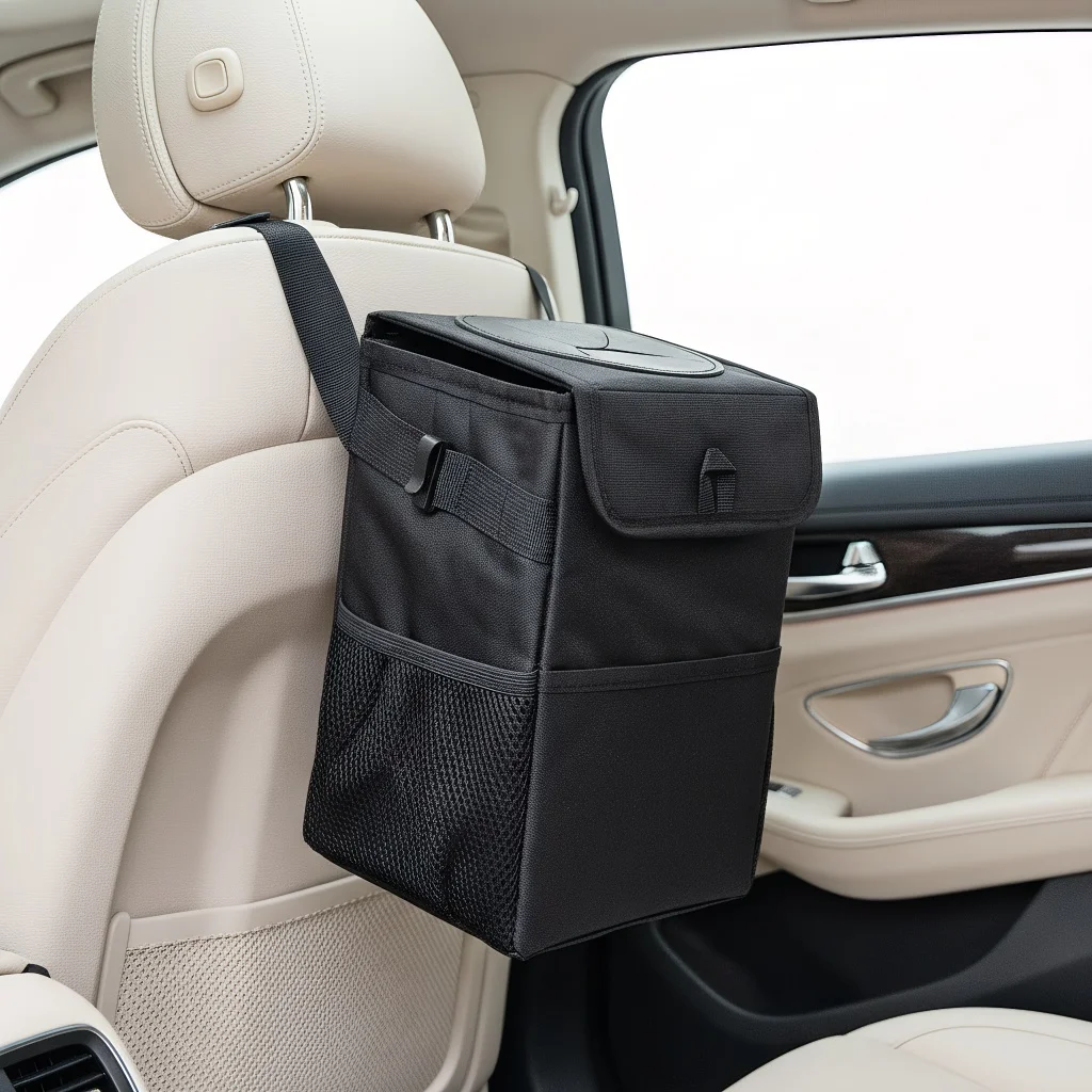 

Car Trash Can with Lid - 100% Leak-Proof Waterproof Organizer with Storage Pockets for Car