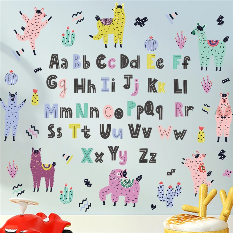 Cute Alpaca With English Letters Wall Sticker For Kids Room Home Decor Alphabet Mural Art Animal Decal Educational Poster