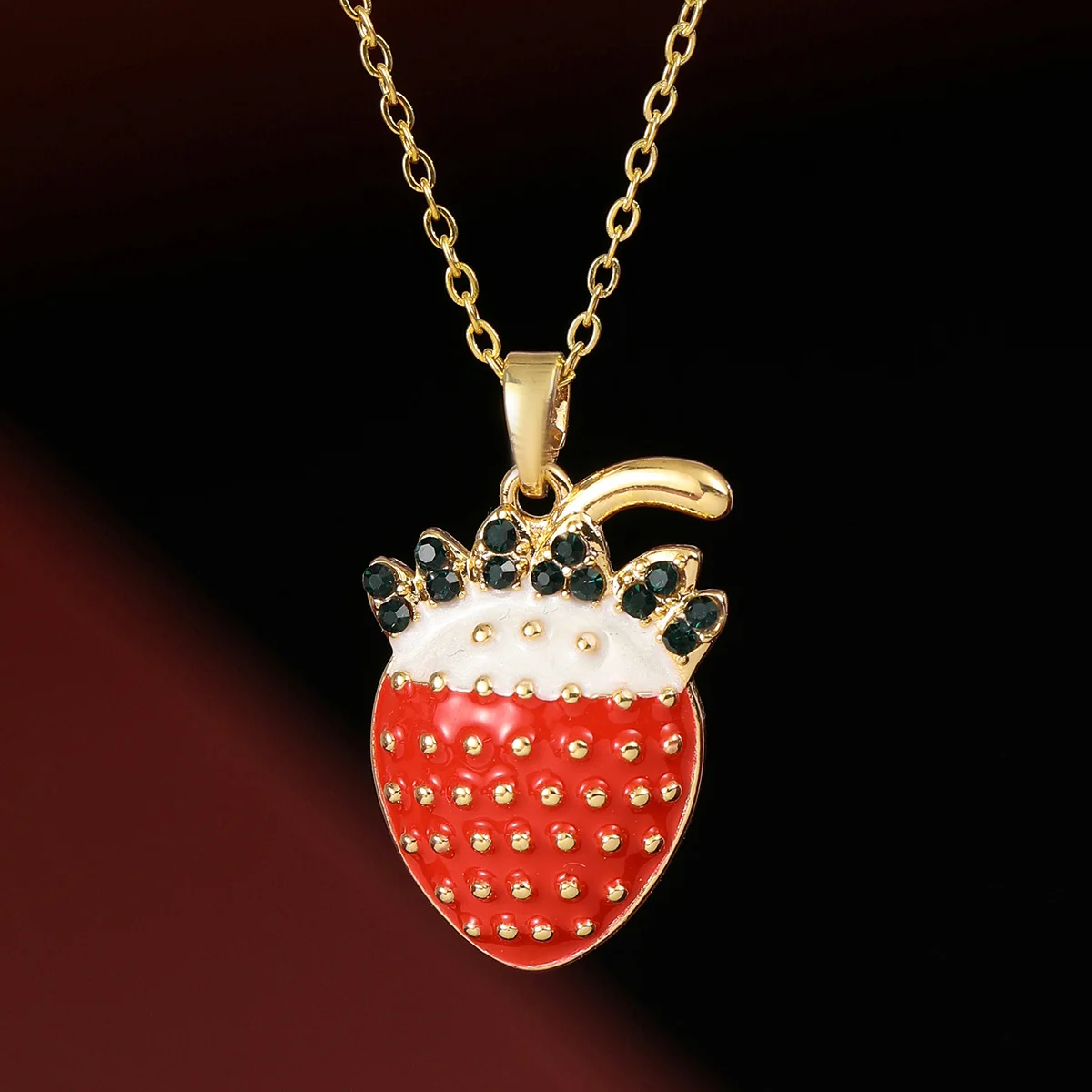 Stainless Steel Enamel Rhinestone Strawberry Pendant Necklace 18K Gold Plated Choker Jewelry Gift For Women Party Daily Wear