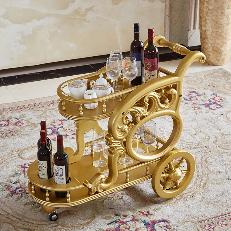 Drinks Trolley Dining Car Trolley Household Hotel High-End Tea Storage Rack Restaurant Double Deck Pallet Folding Car Golden