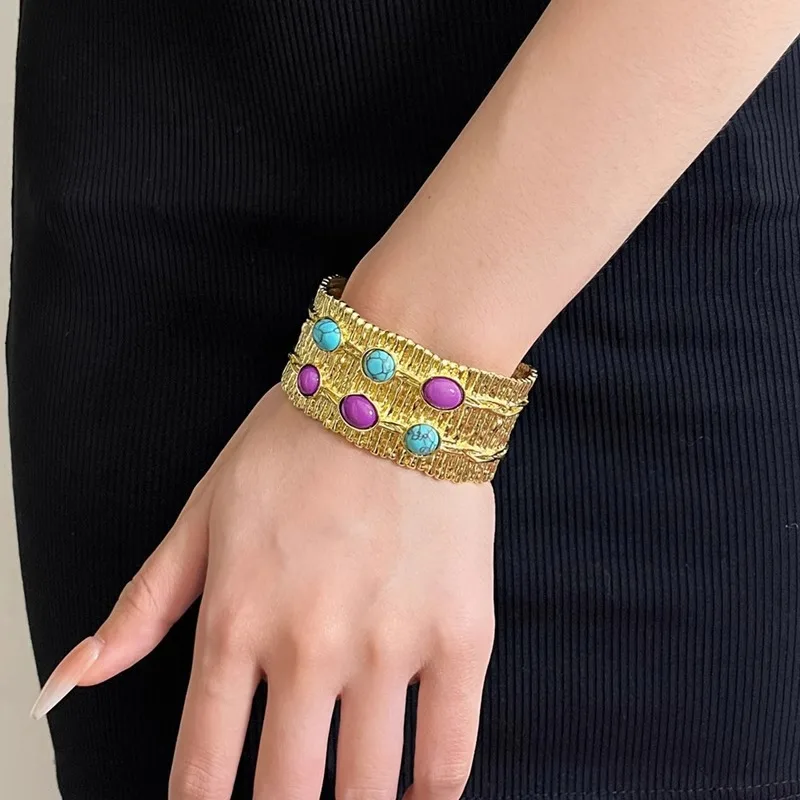 Heavy Craft Textured Wide Metal Wrist Cuff, Bohemian Contrast Color Turquoise Purple Stone Open Bracelet For Party Daily Wear