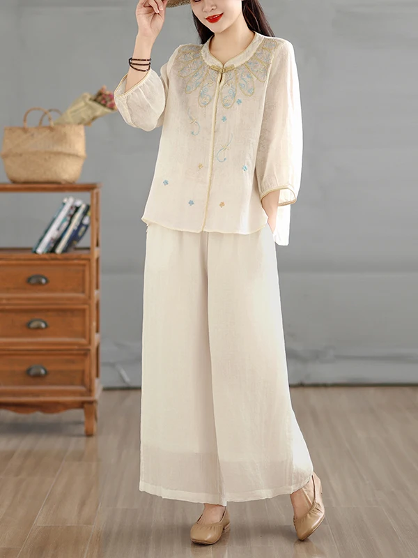 

Elegant Embroidery Shirt And Wide Leg Pants Women's Two-Piece Set Luxury Artistic Retro Style Casual Loose Fit