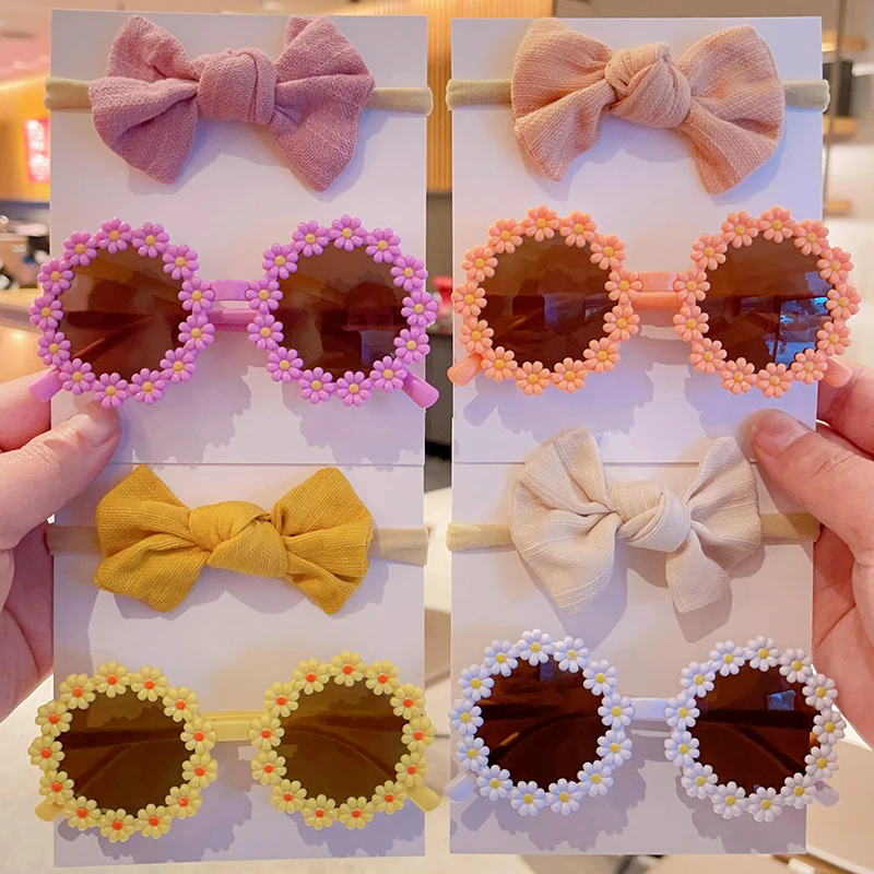 2Pcs/Set New Children Cute Fashion Acrylic Daisy Sunglasses UV400 Colors Lovely Soft Bowknot Headbands Set Kids Hair Accessories