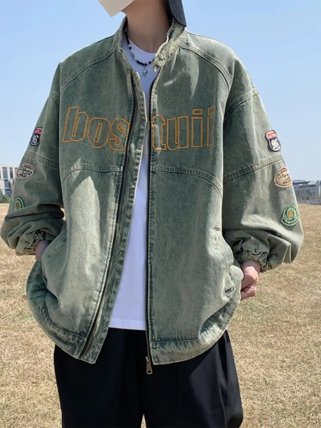 American Retro Denim Jacket Motorcycle Washed Denim Jacket Men Street Hip Hop Metal Design Coat Zipper Pocket Loose Jeans Top