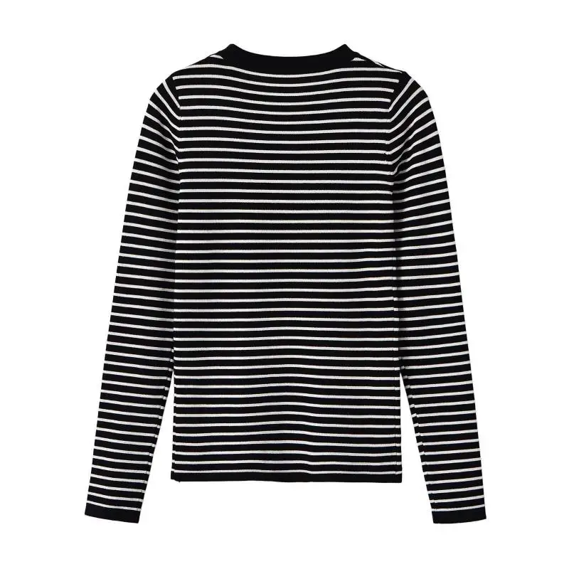Maxdutti Minimalist Woman Clothes Black White Striped Long Sleeved Women's T-shirt Round Neck Knitted Sweater Southern France