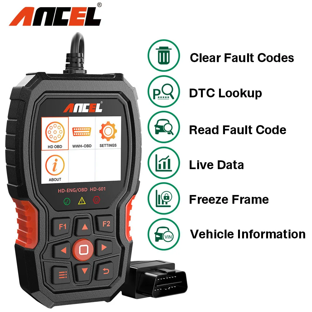 

ANCEL HD601 Heavy Duty Truck Code Reader Full System OBD2 Diagnostic Scan Tool Check Engine for Freightliner Cummins San Tool