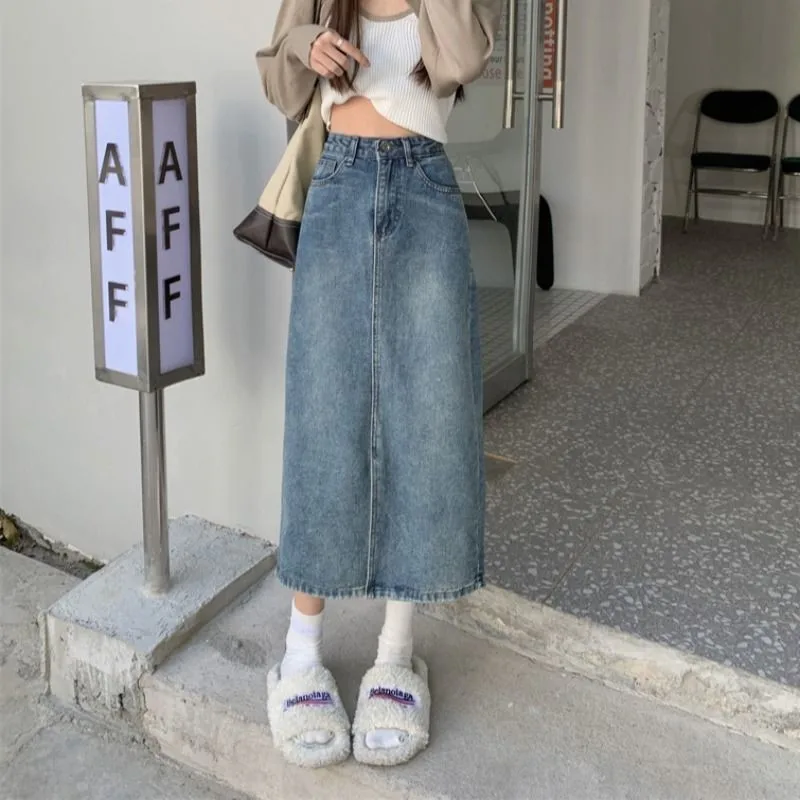 

Summer High Waist A-Line Skirt Women's Loose Slimming Mid-Length Denim Split Skirts Faionable Busin Casual Cotton P...