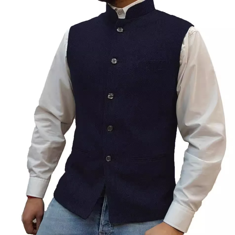 Men's Vest Stand-Up Collar Zhongshan Style Vest Stand-Up Collar Herringbone Vest