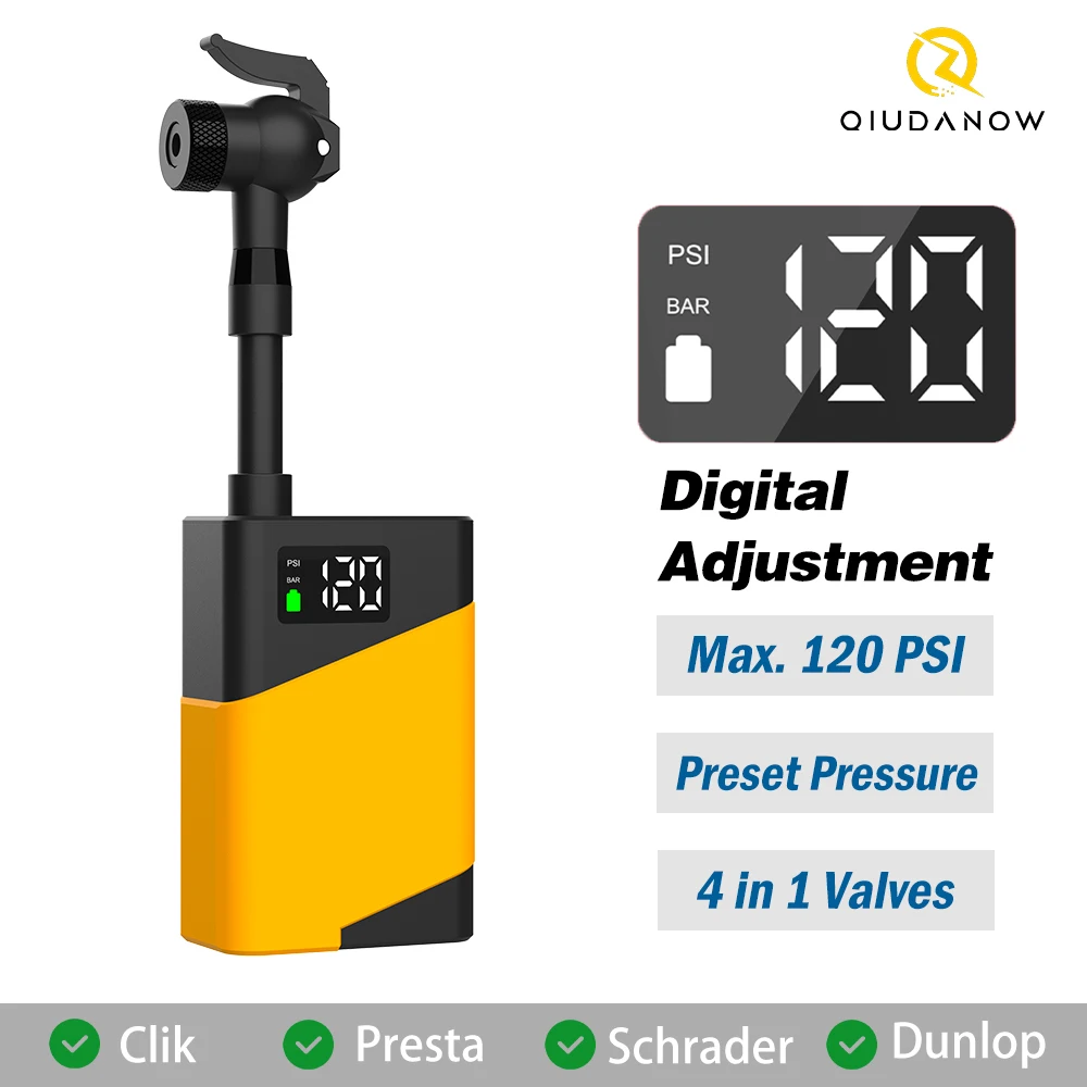 

Умный электрический воздушный насос для велосипедов с цифровым дисплеем, портативный, подходит для MTB, шоссейных велосипедов, совместим с клапанами Presta, Schrader, Clik, Dunlop.