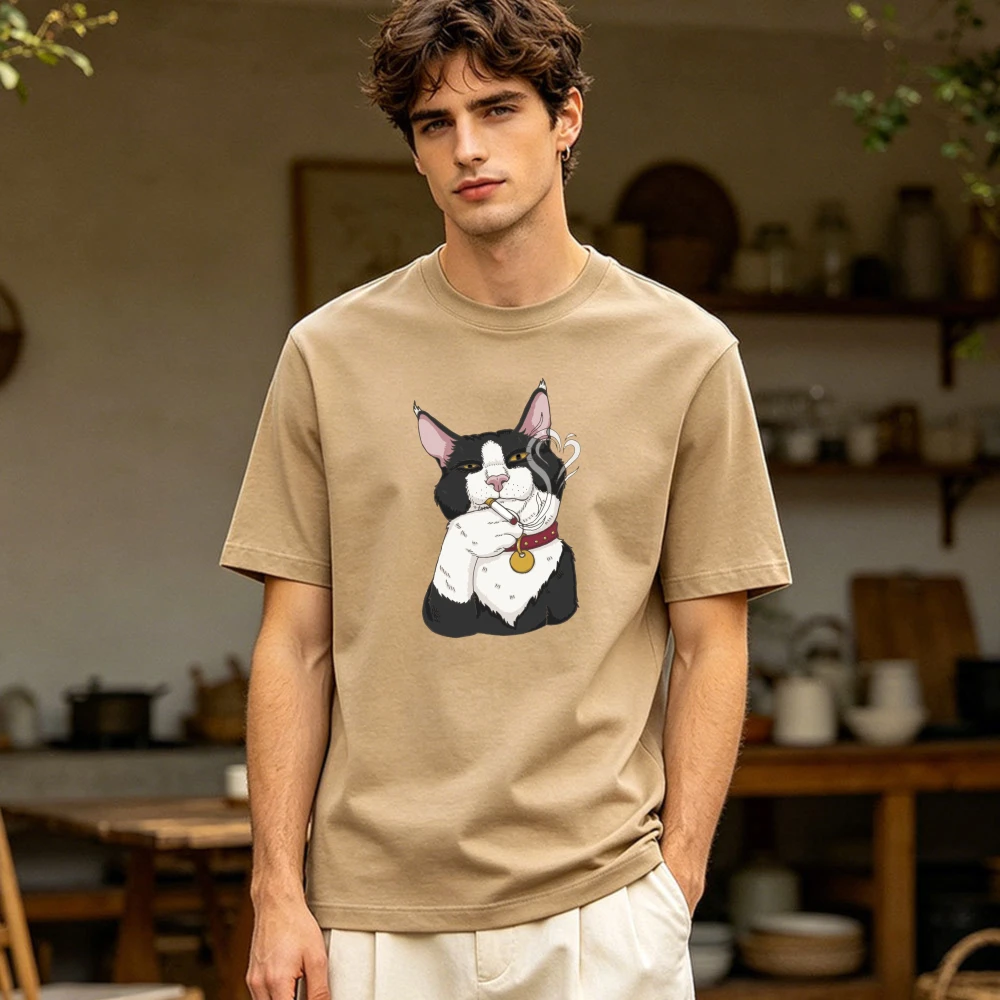 Cool Smoking Tuxedo Tux Cat Cartoon Graphic Men Summer Cotton T Shirt Funny Feline Meme Short Sleeve Daily Top