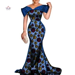 2024 New Custom African Evening Dresses for Women Bazin Dashiki African Print  Cotton ladies Mermaid Party Dress WY8681