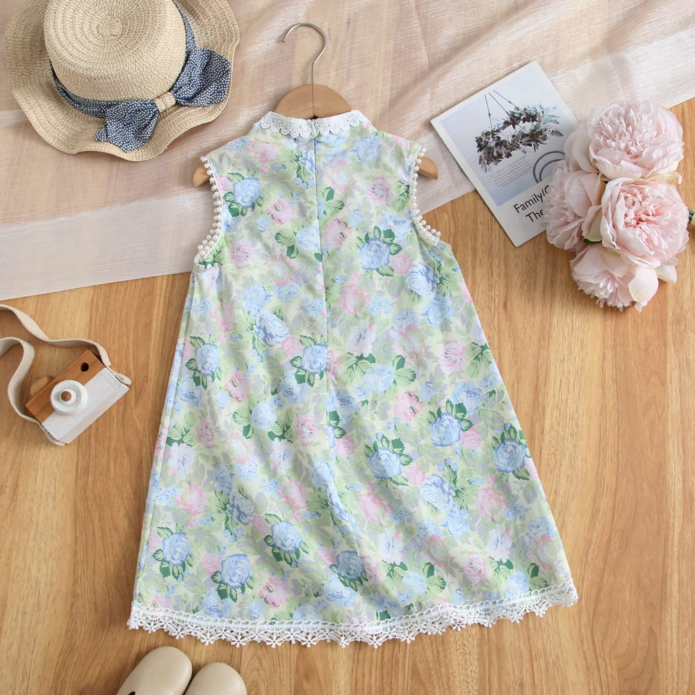 Girls Flower Print Dresses Lace-Trim Small Vertical Collar Beaded Chinese-Style Cheongsam Dress Kids Clothes