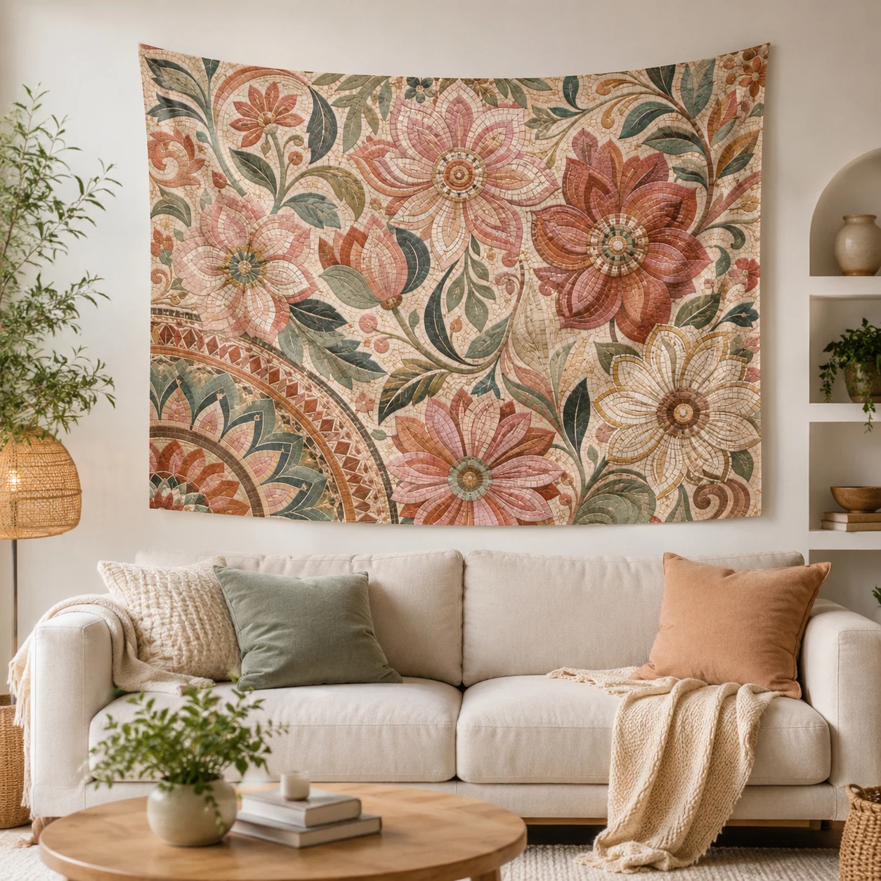 Vintage Floral Mosaic Tapestry Boho Botanical Flower Wall Hanging for Bedroom Living Room Dorm Home Decor