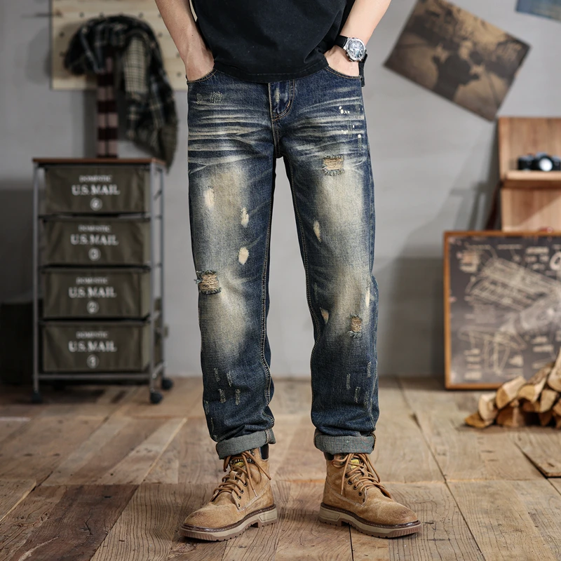 2024Summer New Ripped Jeans Men's Large Size Loose Elastic Retro Worn Looking Washed-out Casual All-Matching190KGPants28-48Size